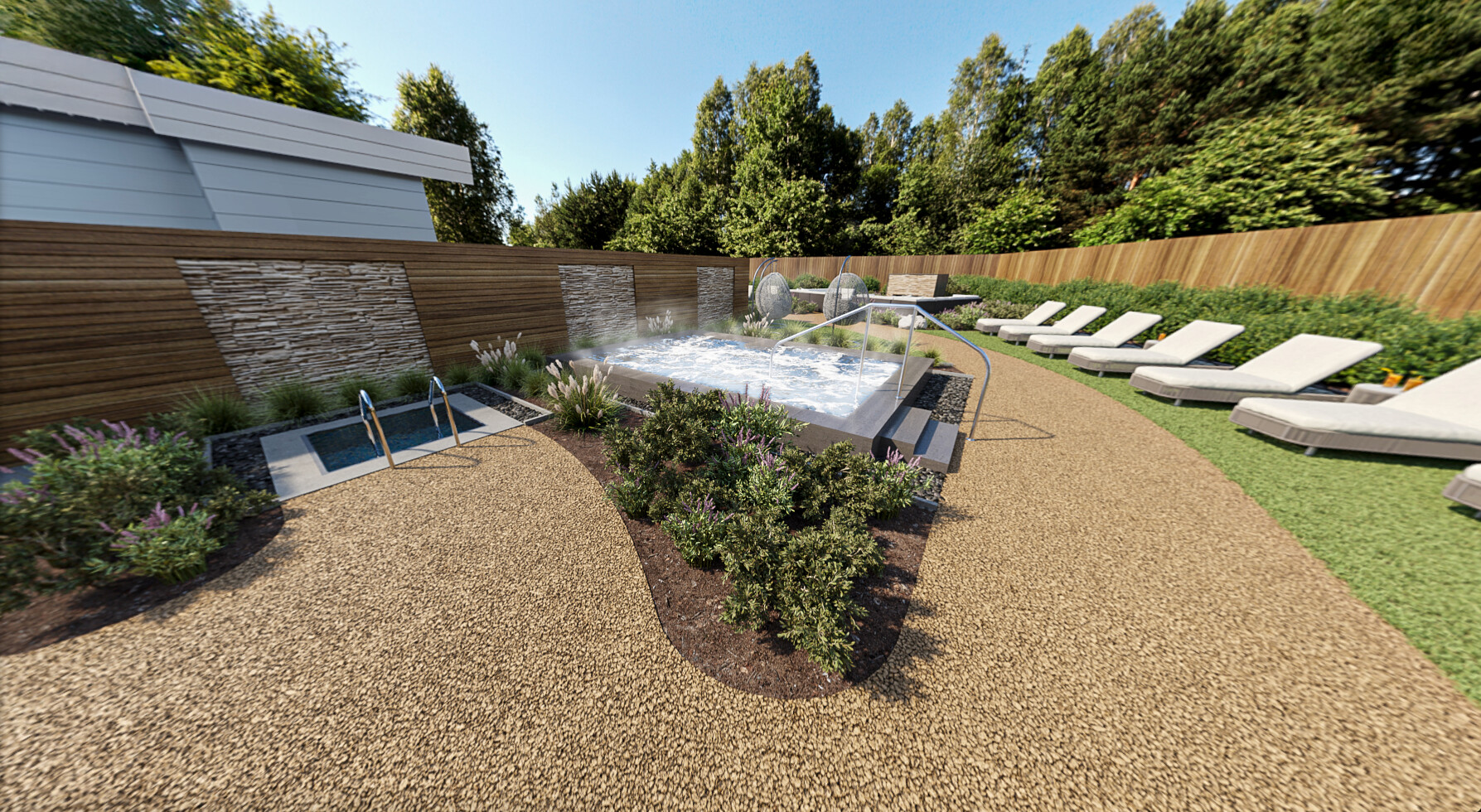 An artist's impression of loungers beside the hydropool and plunge pool in the Spa Garden