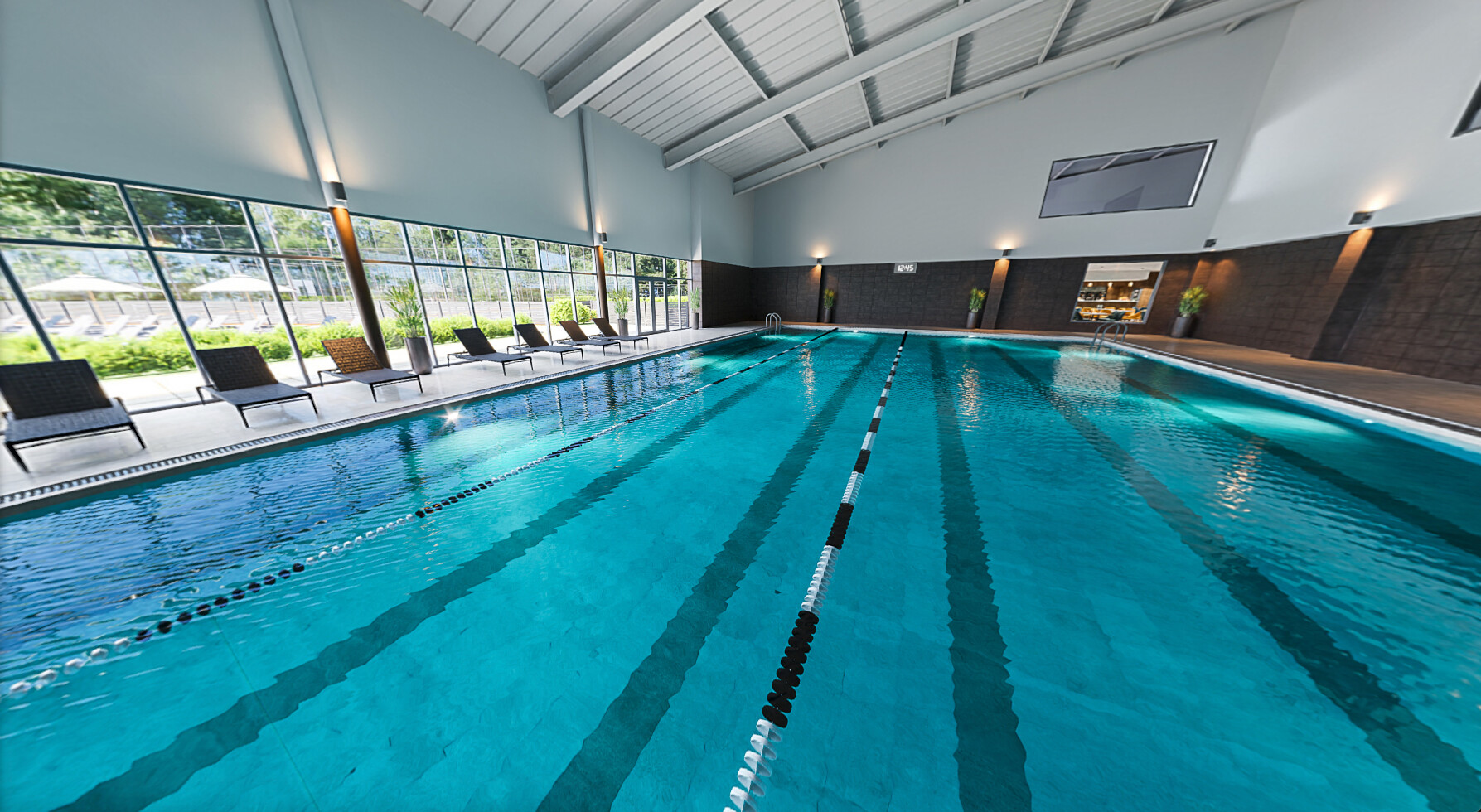 An artist's impression of the indoor swimming pool, with lane ropes and sloped ceiling