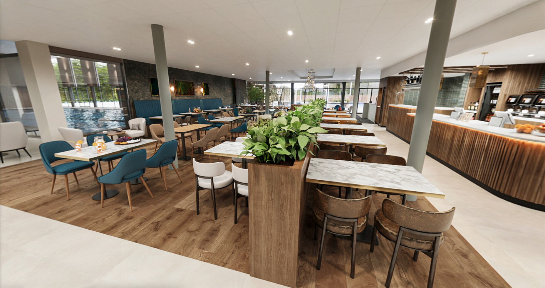 An artist's impression of the airy clubroom, with plenty of seating and a bar
