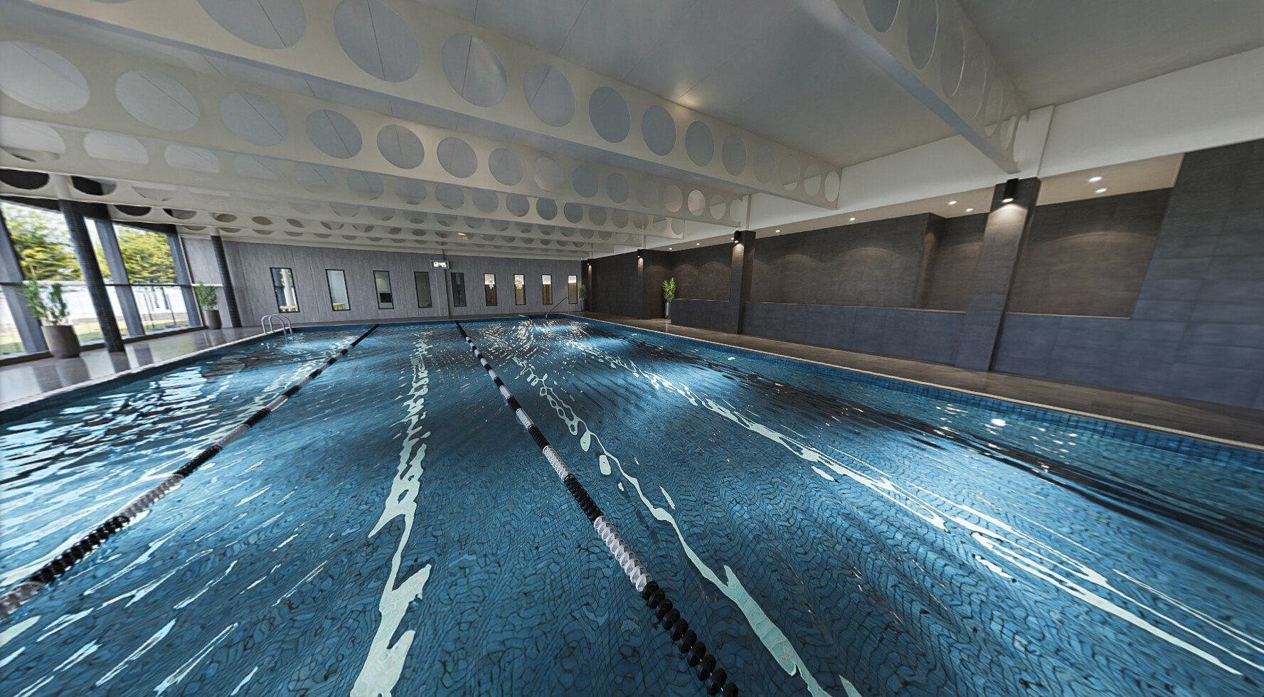 CGI of the indoor pool with lane ropes for swimming