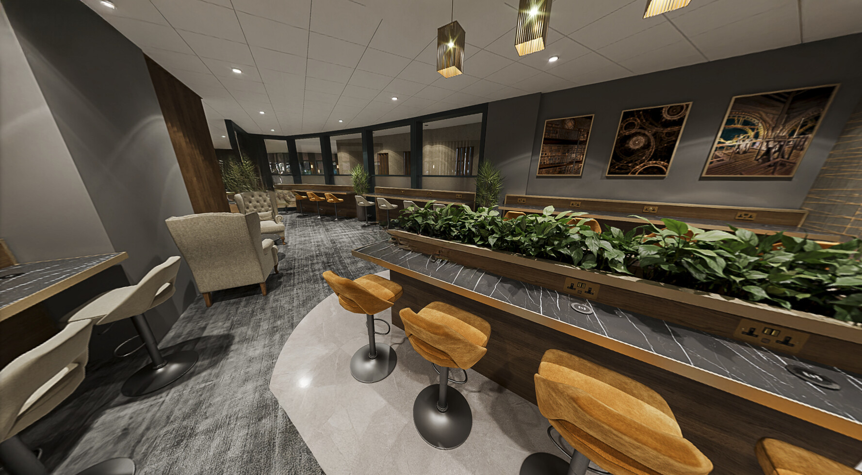 CGI of the business hub, with space to charge devices and work in a luxurious area
