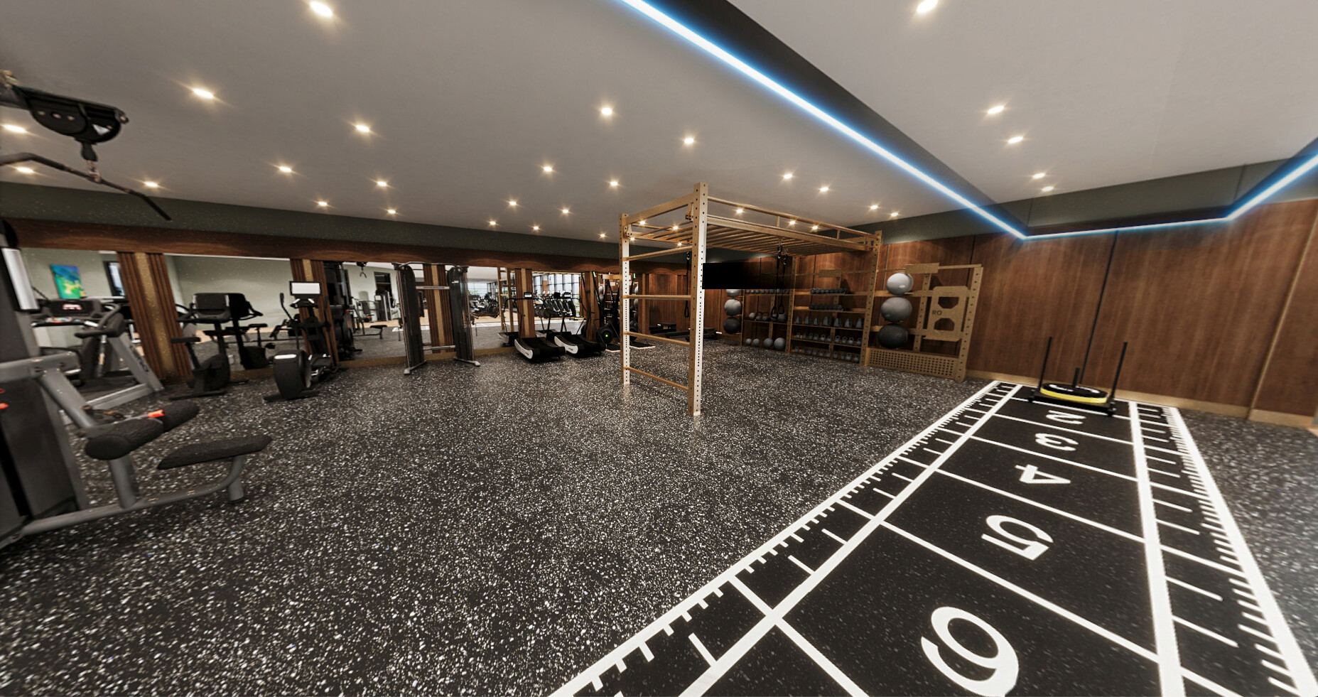 Artist's impression of a track, weights and other assorted exercise equipment