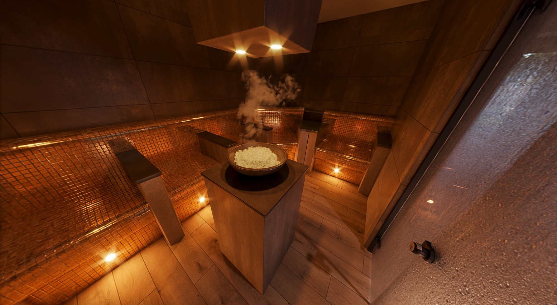 Steam rising from a bowl of ice in the centre of an amber-glowing room