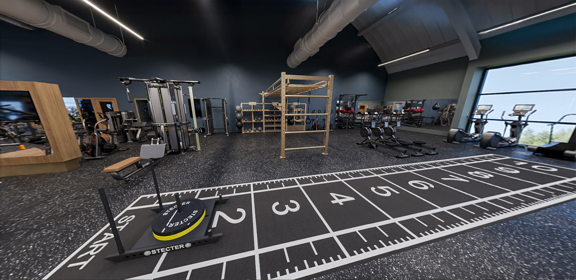 Artist's impression of the gym equipment and a track in the gym at David Lloyd Oxford