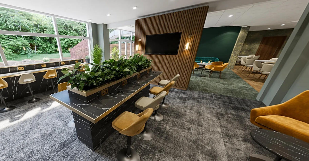 Bar-style seating and tables and chairs in the airy clubroom