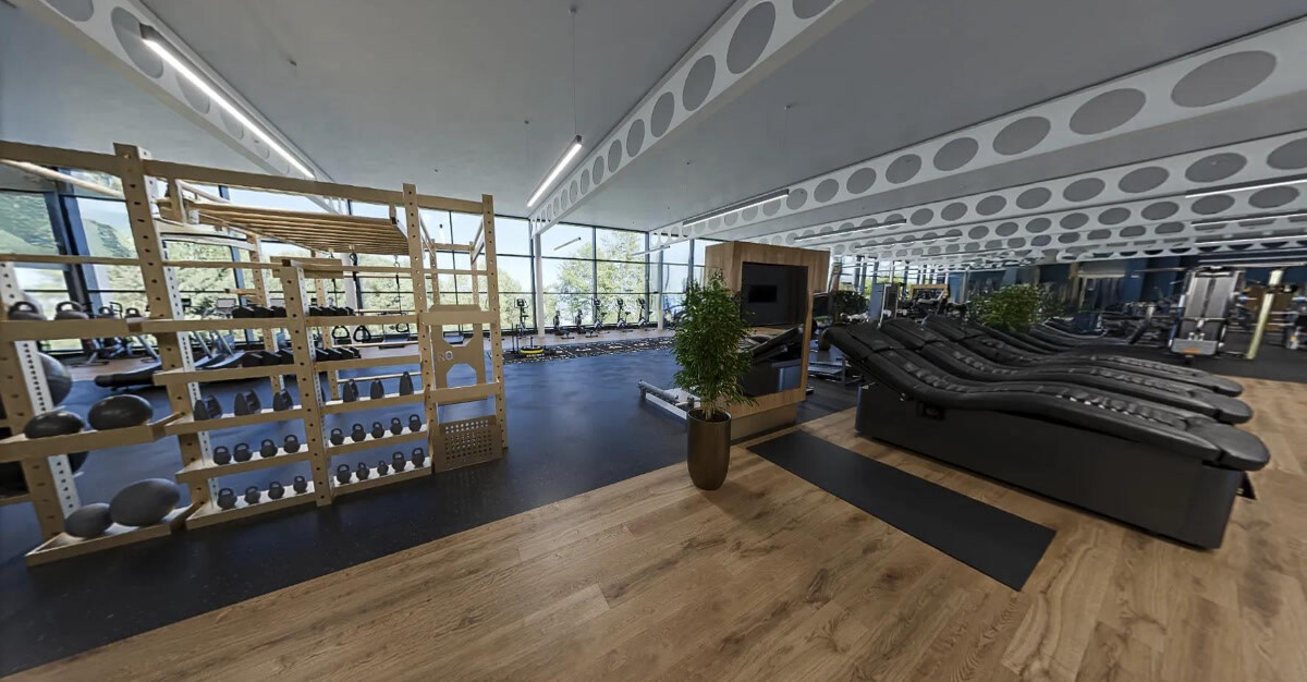 CGI of the bright gym, with functional training equipment and massage recovery chairs