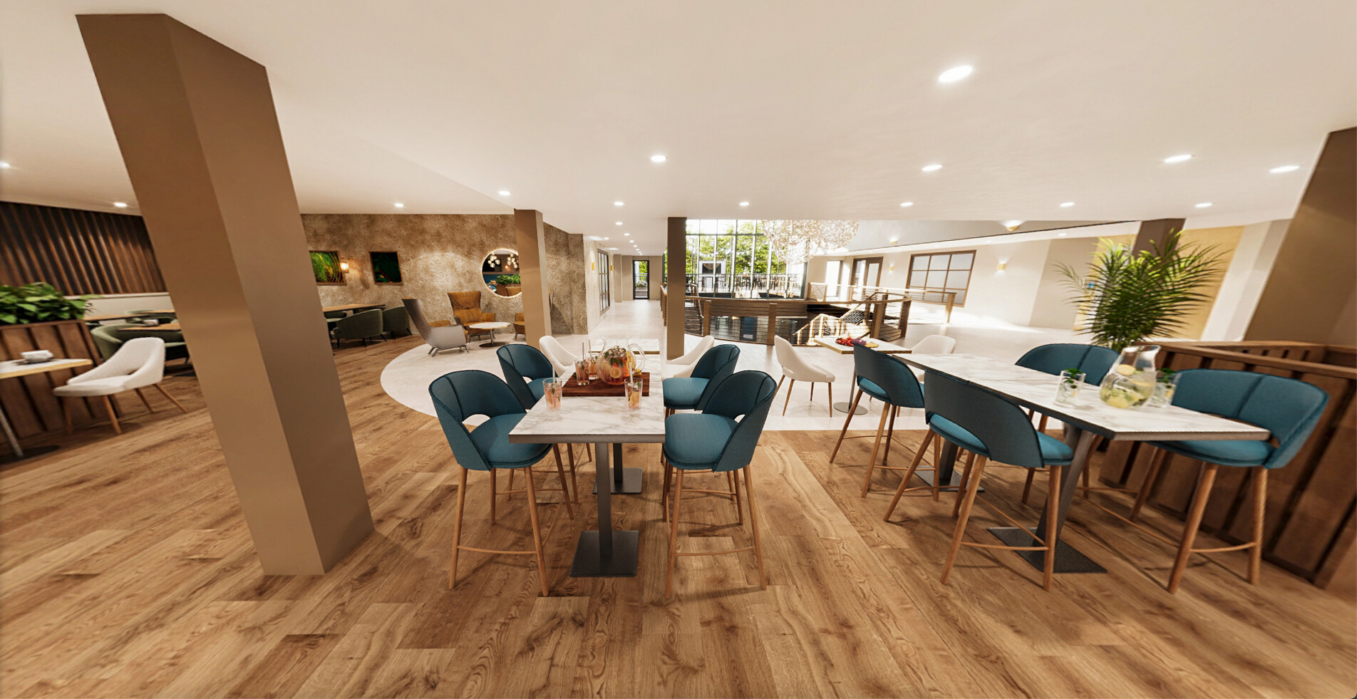 Artist's impression of the clubroom at Coventry, with tables and stylish chairs
