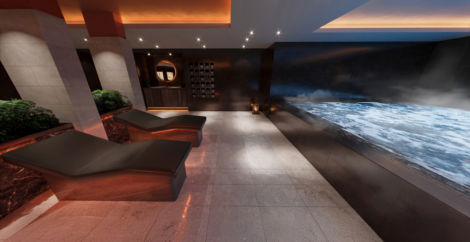 Artist's impression of heated loungers in front of a warm hydropool