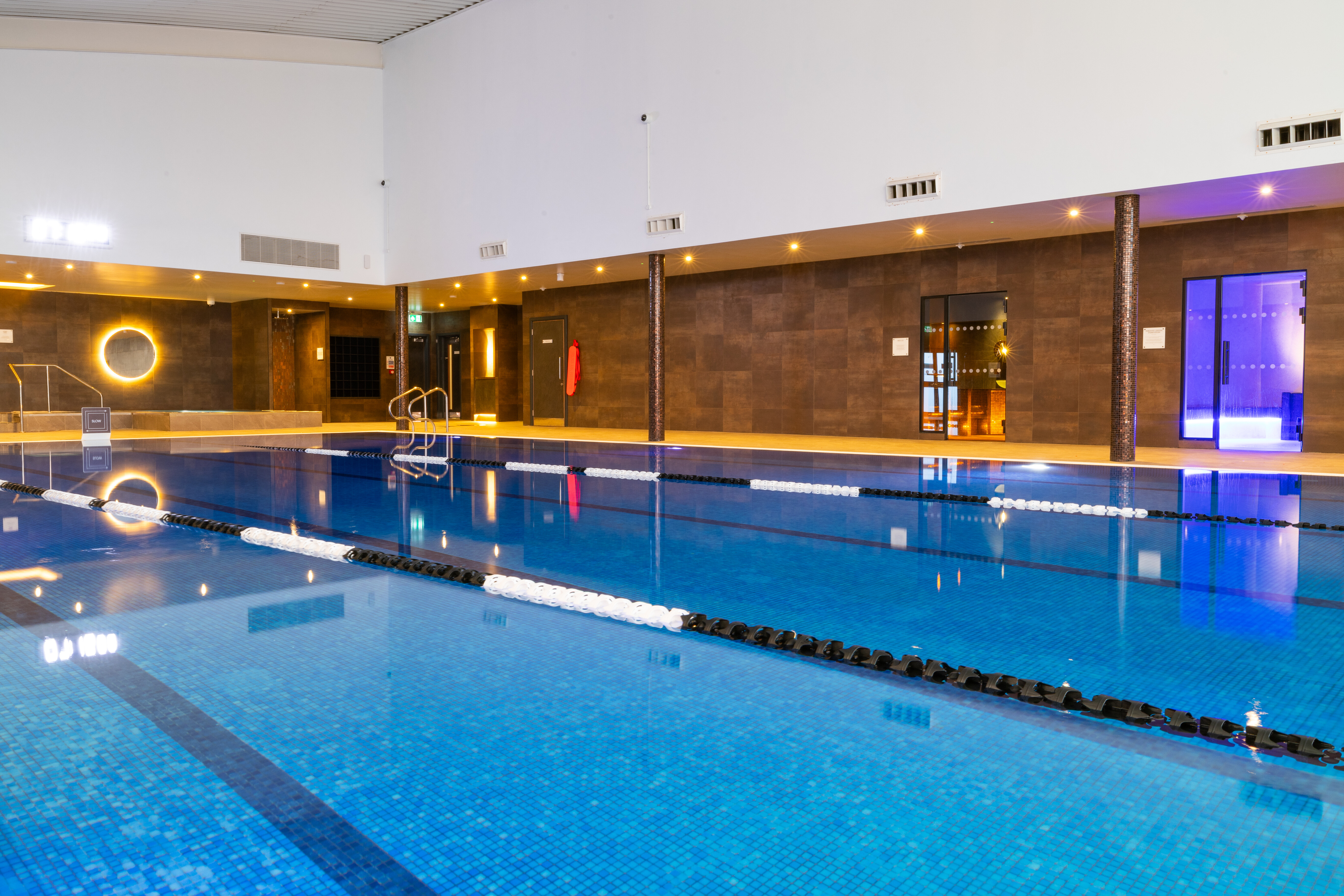 Indoor pool with lane ropes set up