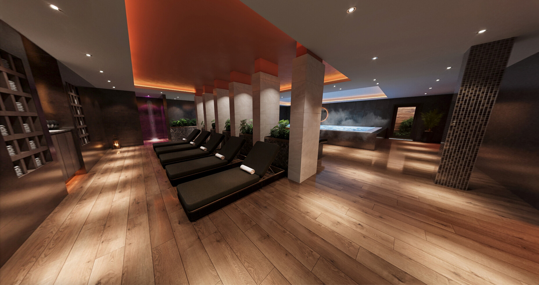 Artist's impression of the elegant heated loungers and luxurious lighting in the Spa Retreat