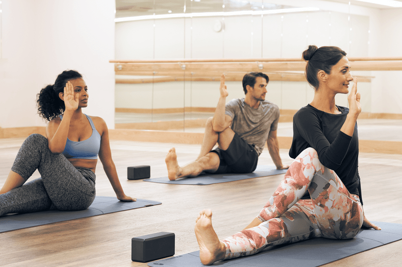 A yoga class hold a pose on their mats
