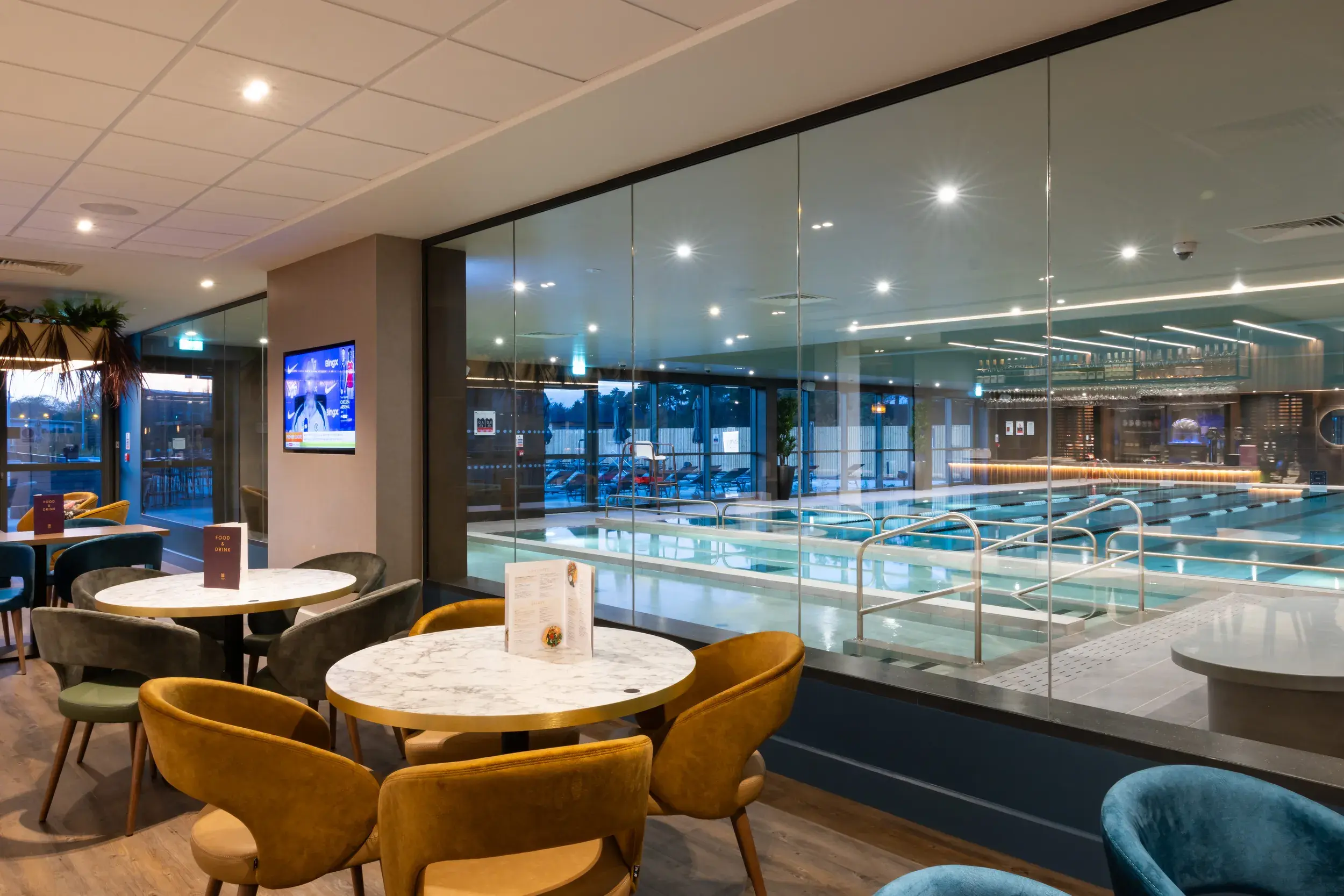 Clubroom table overlooking the indoor pool
