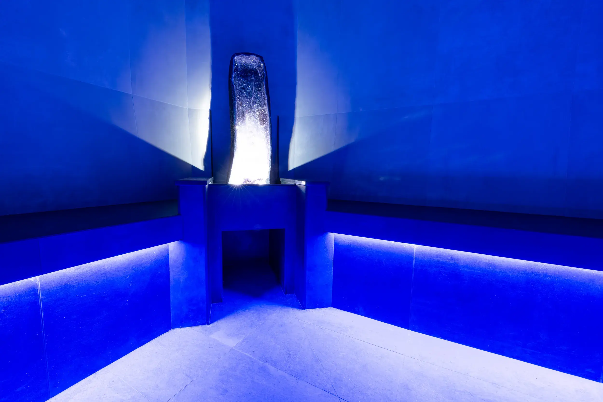 A large amethyst stone in the steam room