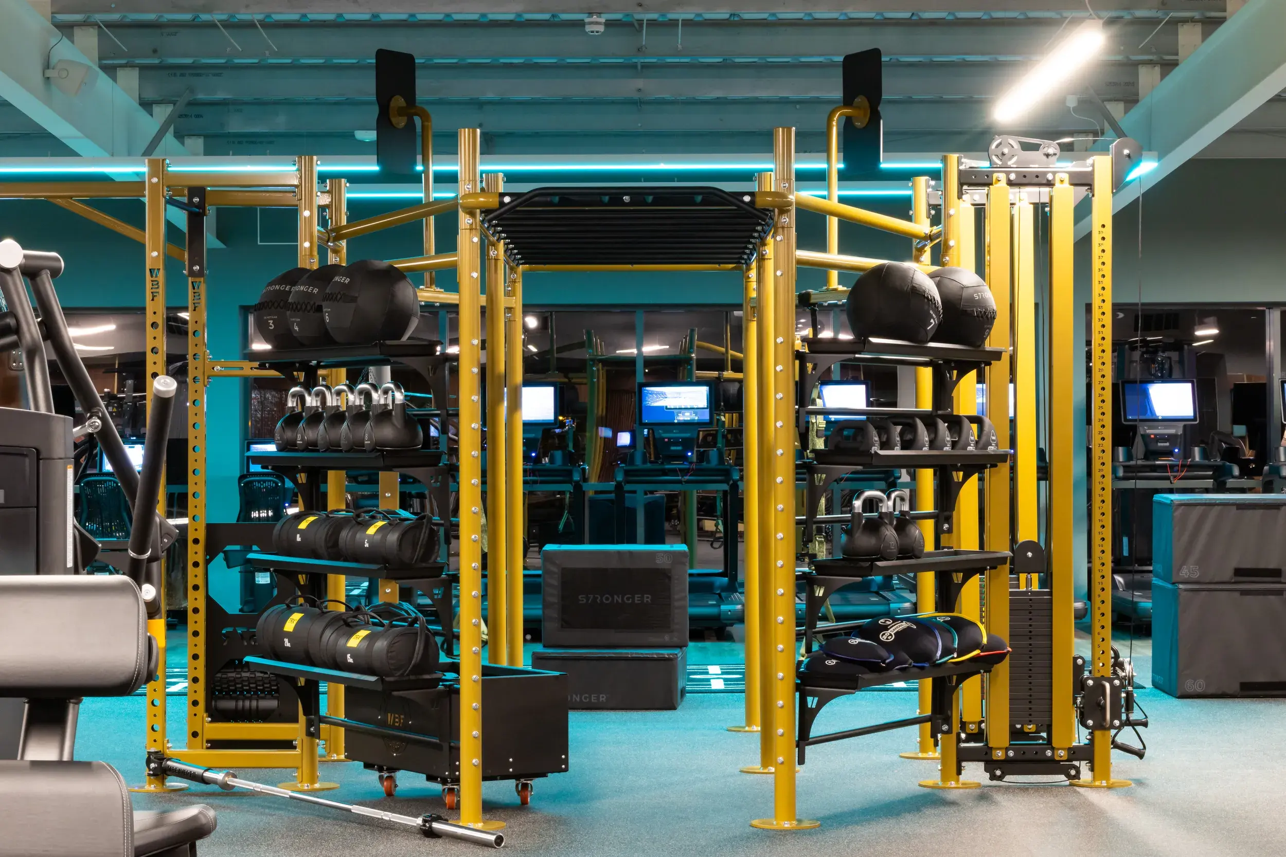 Racks of weights in a gym