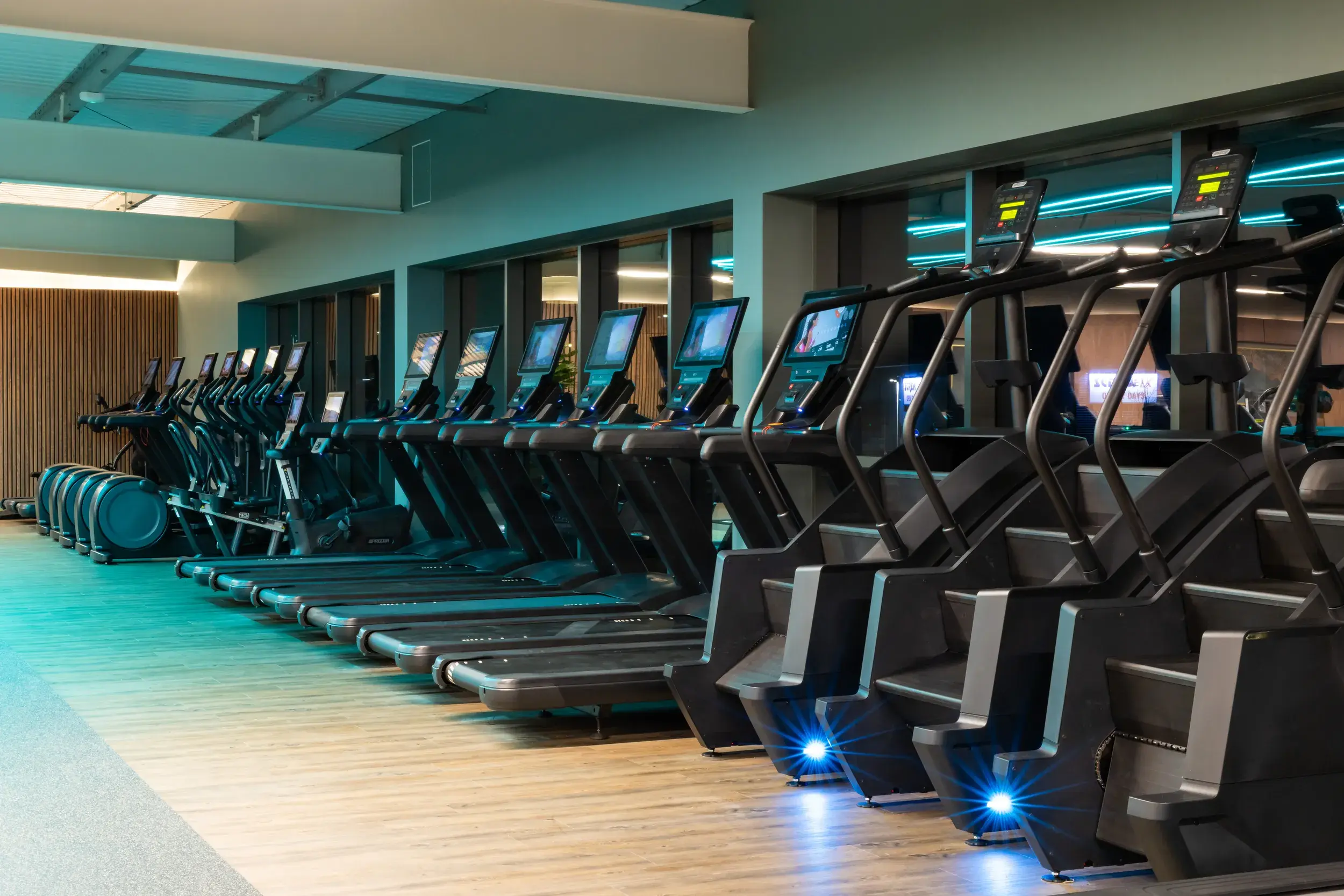 People working out on treadmills and cross trainers