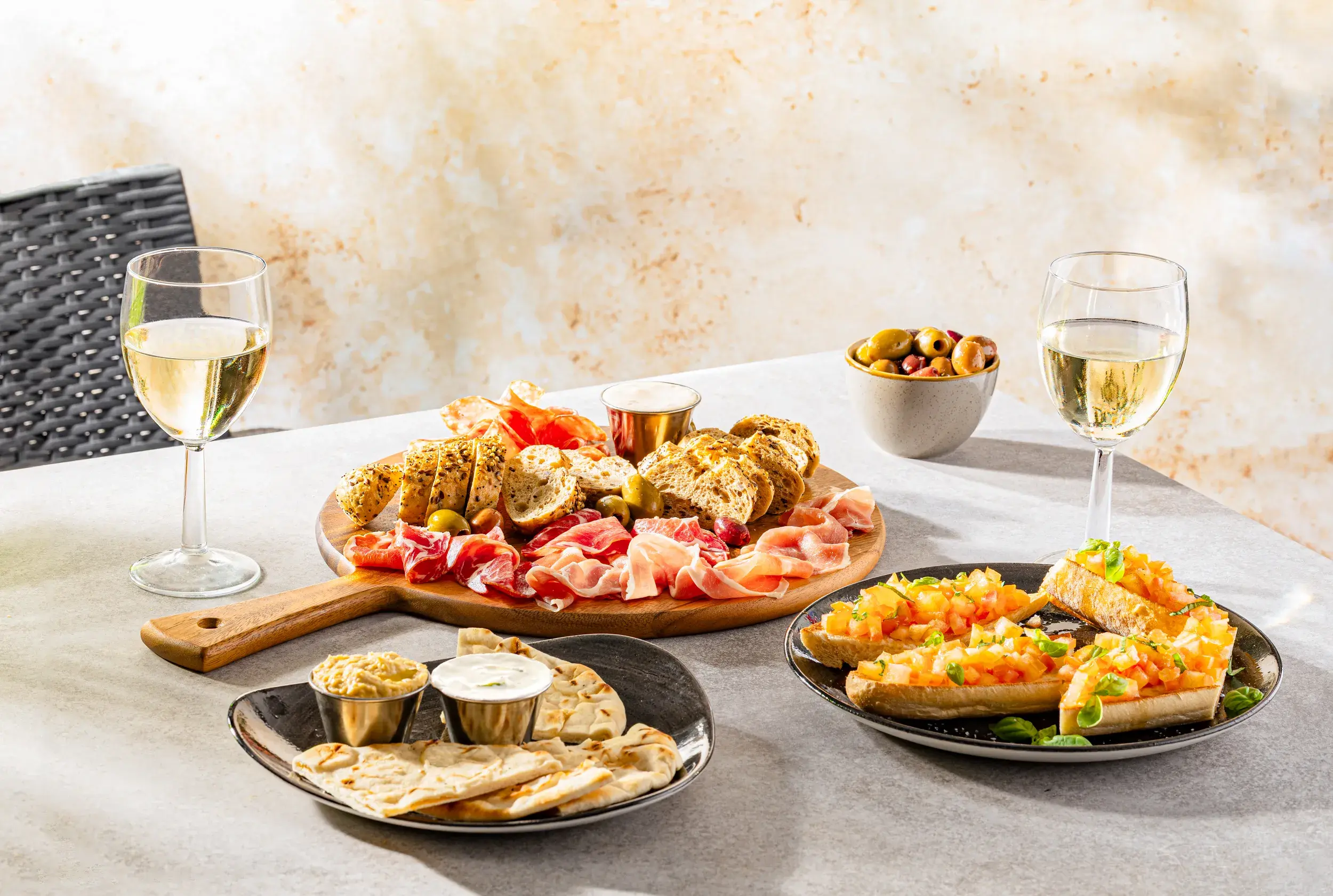 A table of food and wine