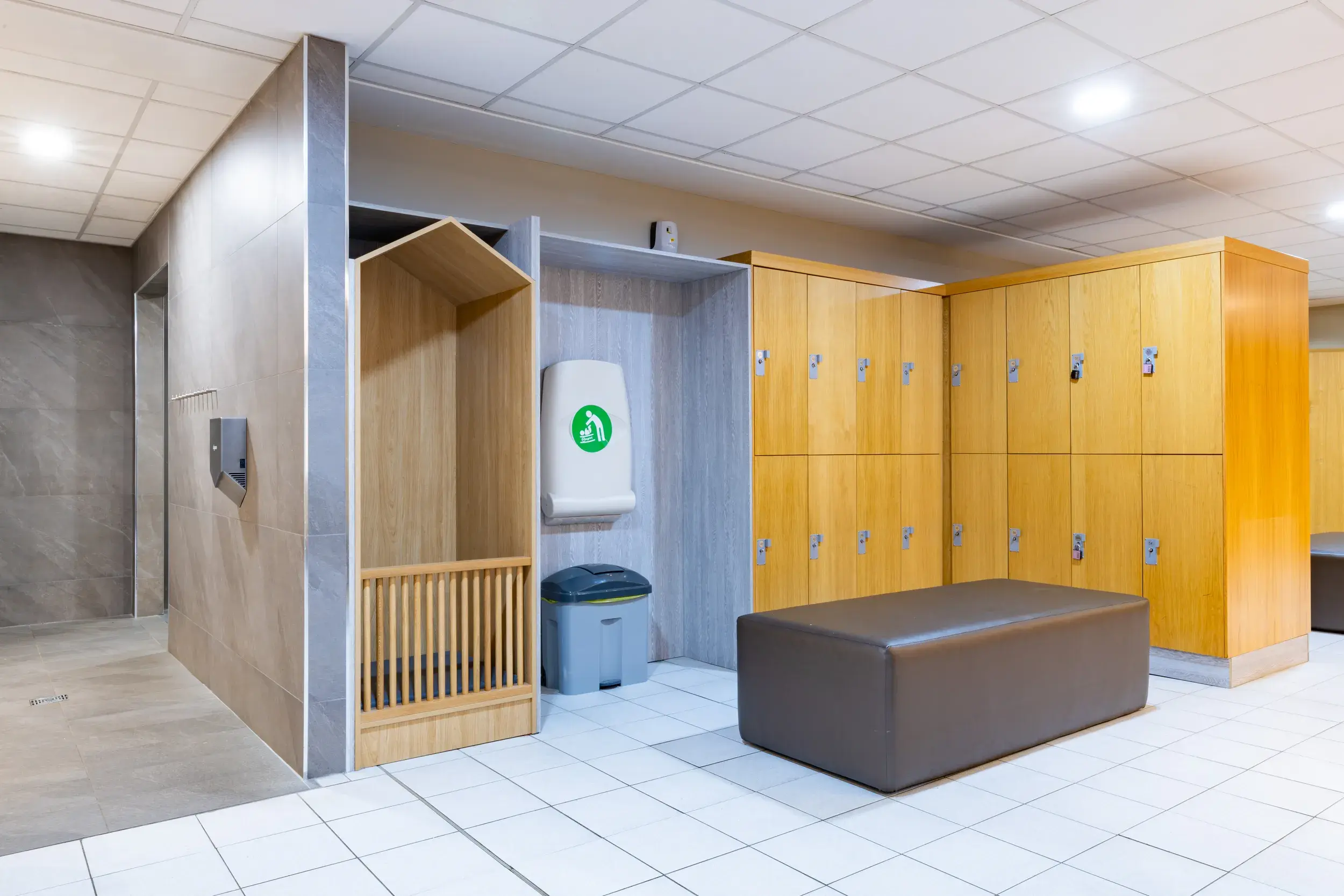 A kids area in the changing room with space for parents to keep kids while they change