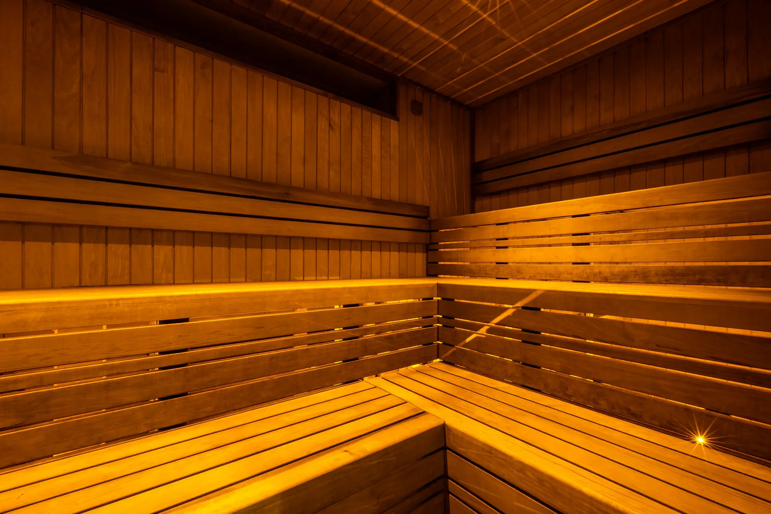 Wooden seats in the sauna