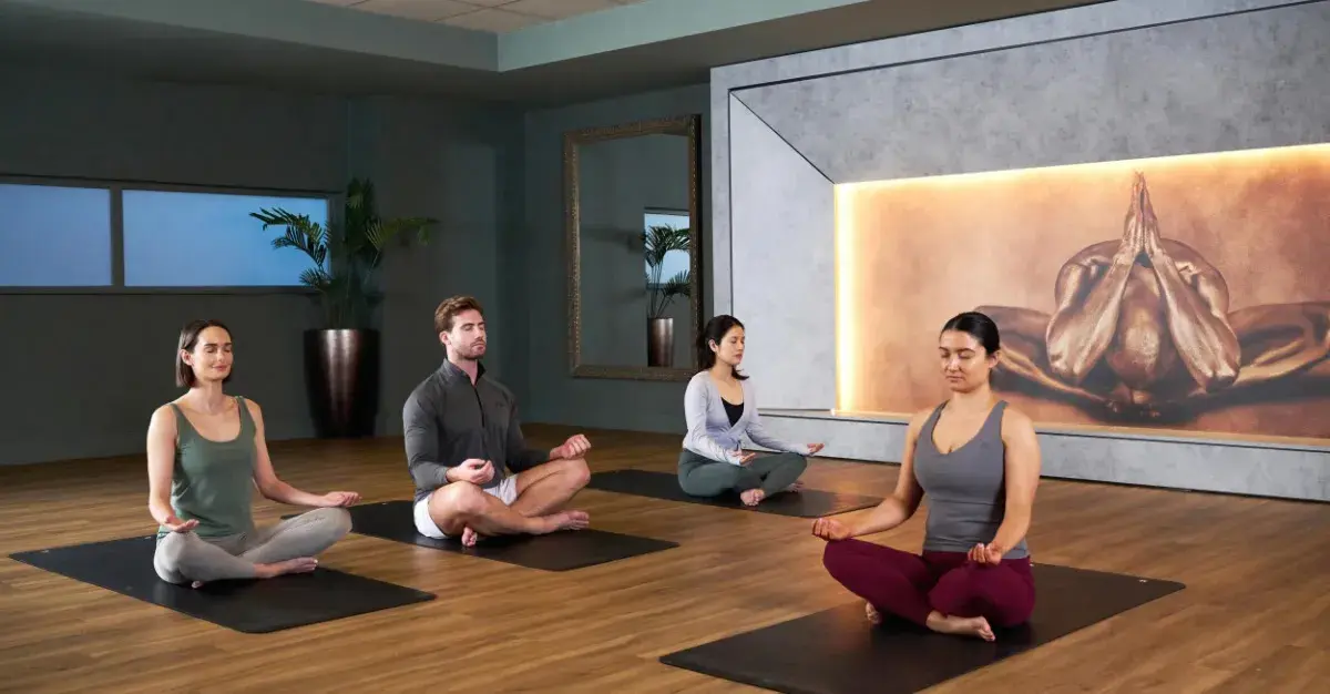 A yoga class meditating