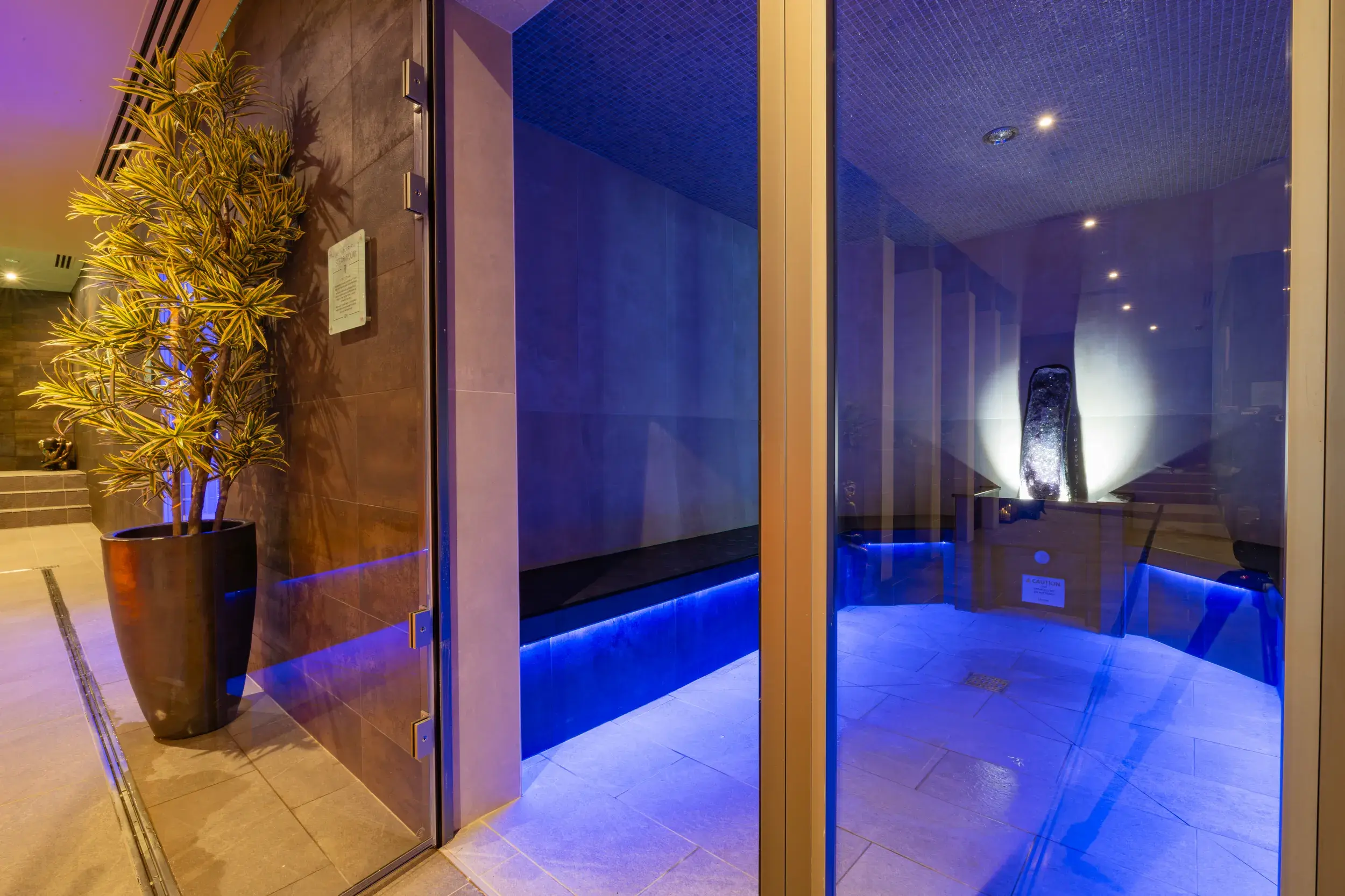 A large amethyst stone in the steam room