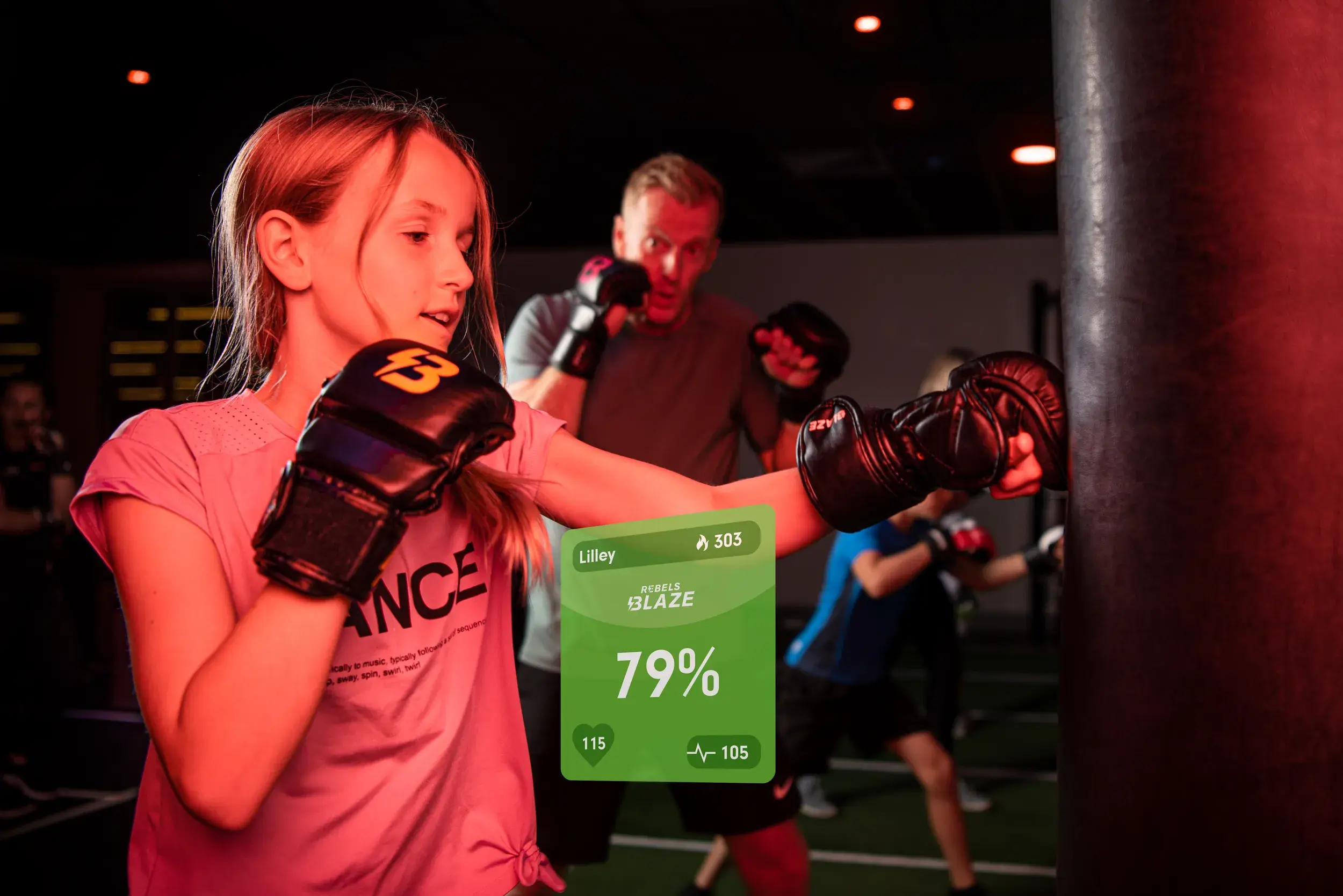 A BLAZE Rebels class with a young girl boxing in the foreground