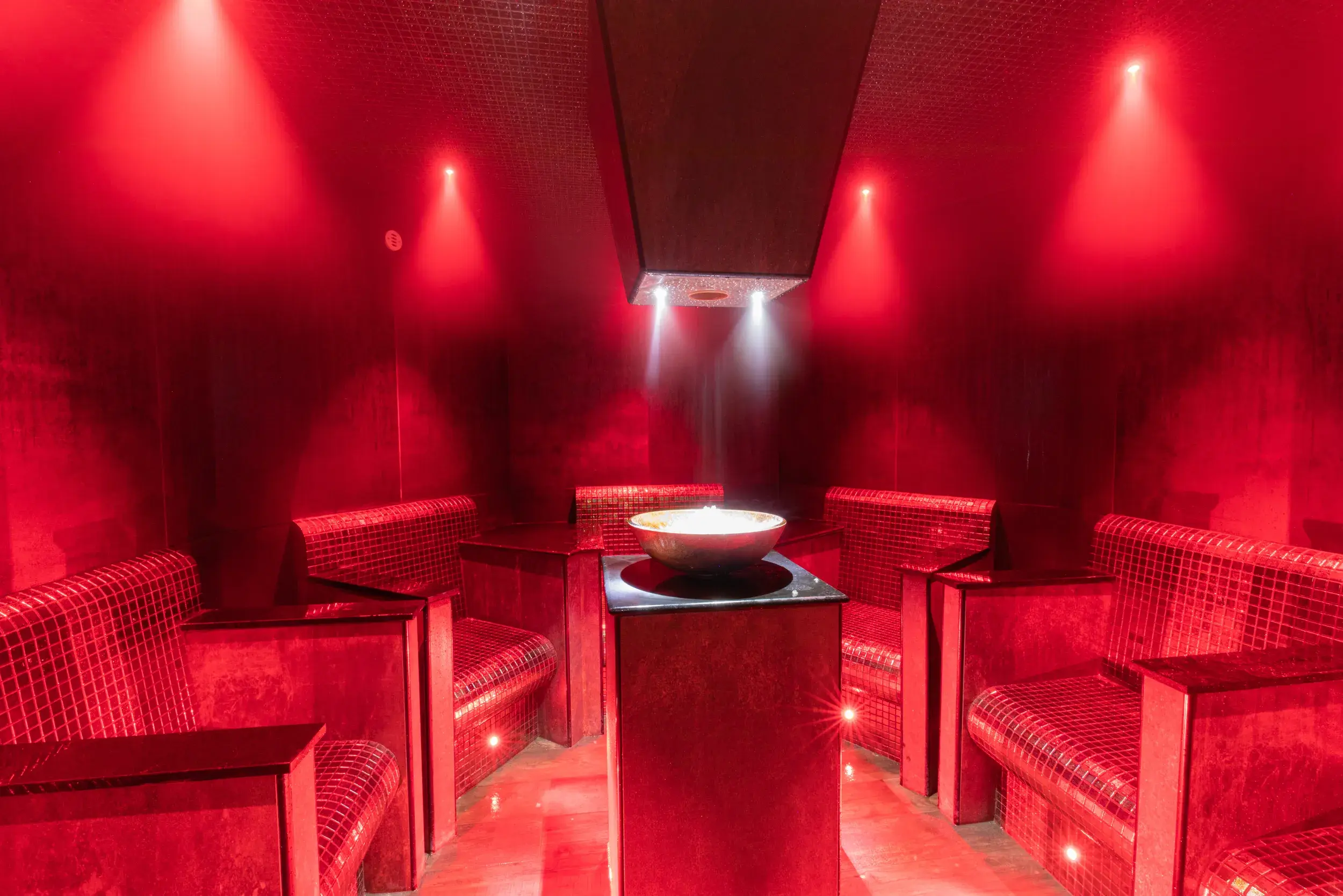 A red glow of the fire and ice room
