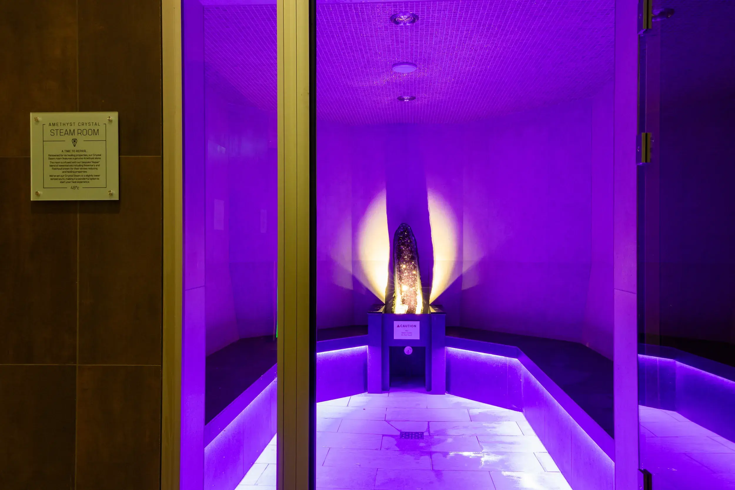A large amethyst stone in the steam room
