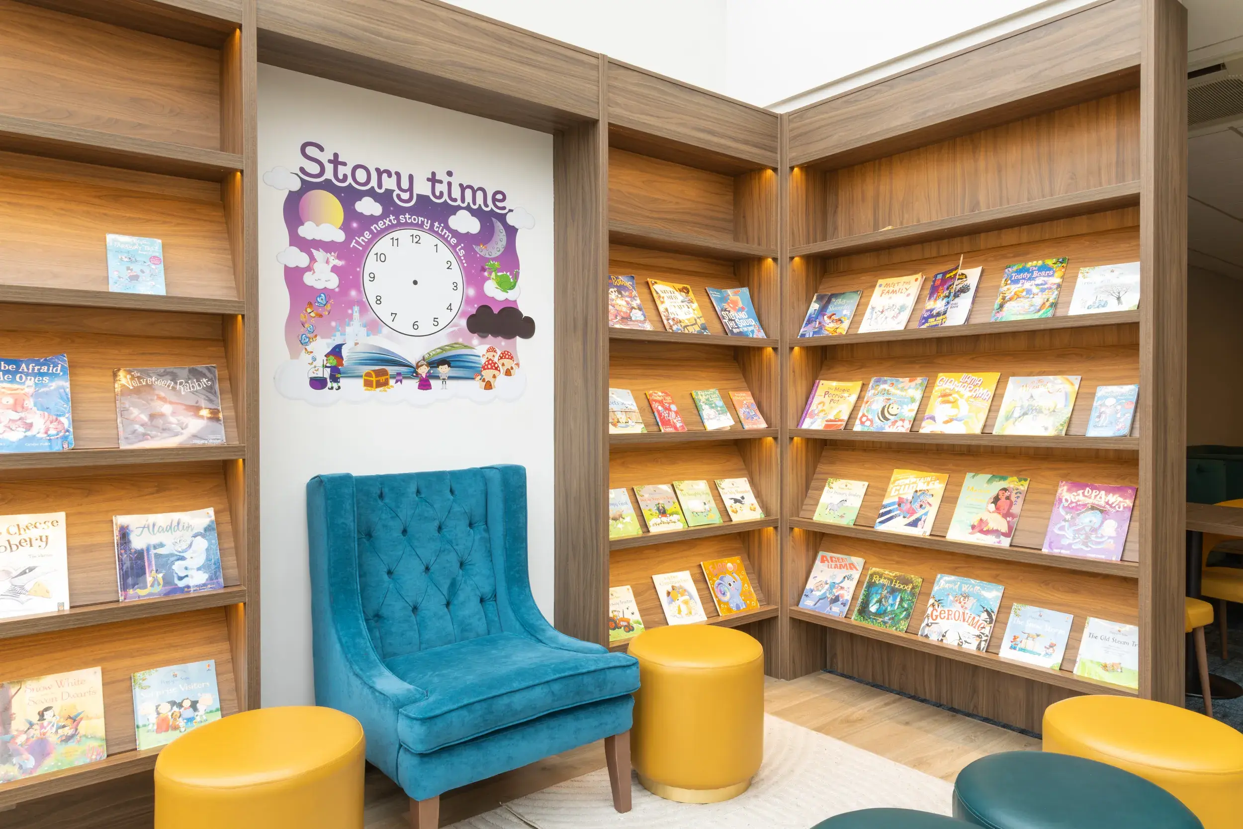 Bookshelves with children's books on them