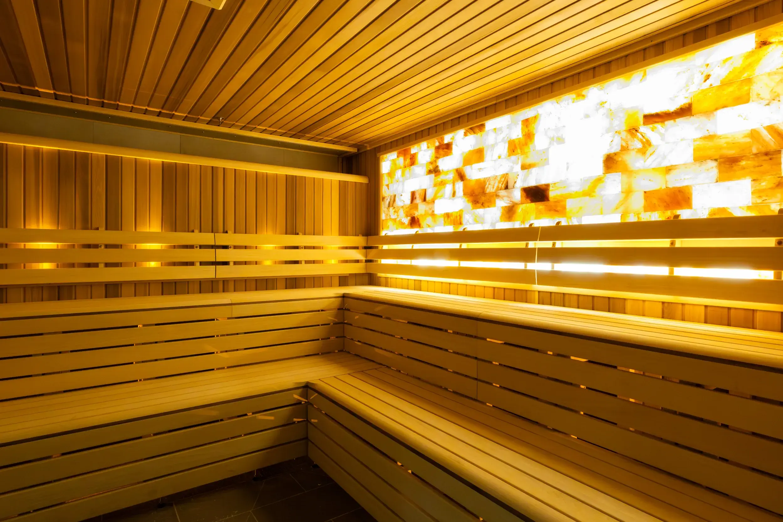 Amber glow of the Himalayan salt sauna